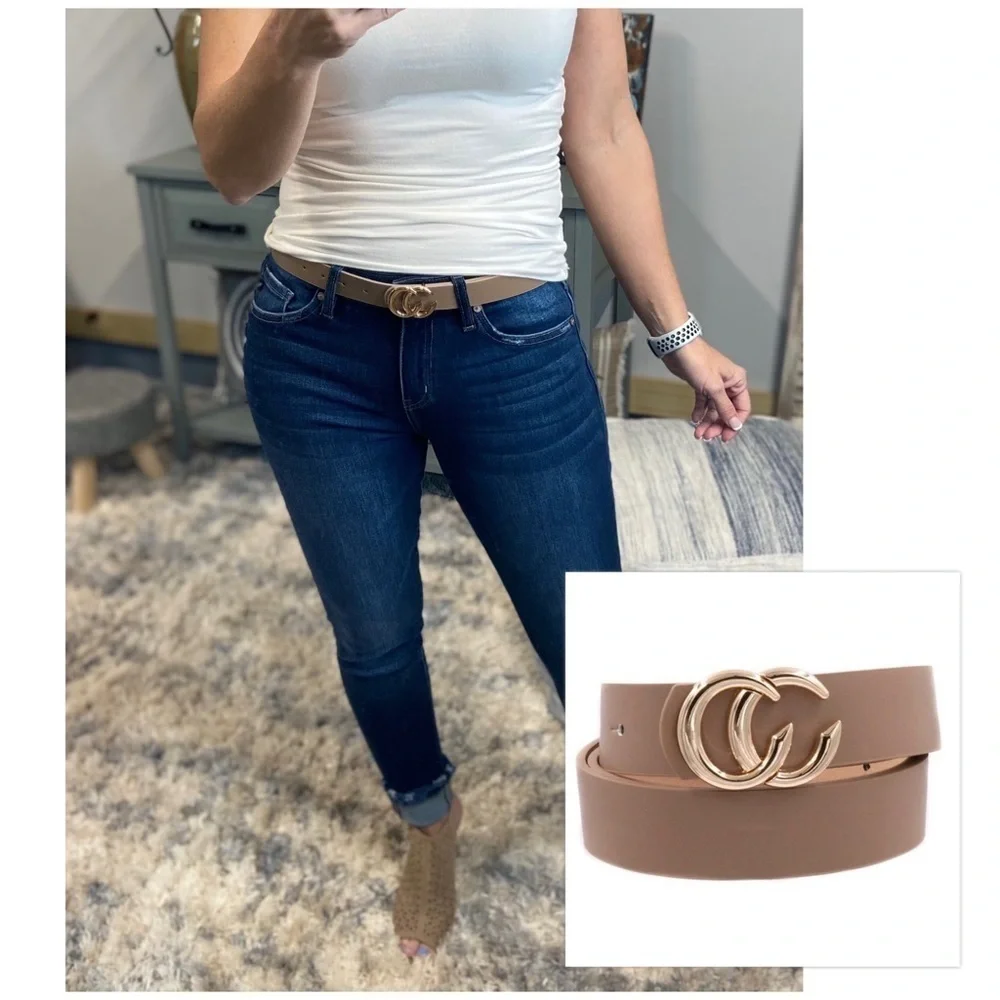 ❤️‍🔥RESTOCK Double C Faux Leather Belt Taupe 4621